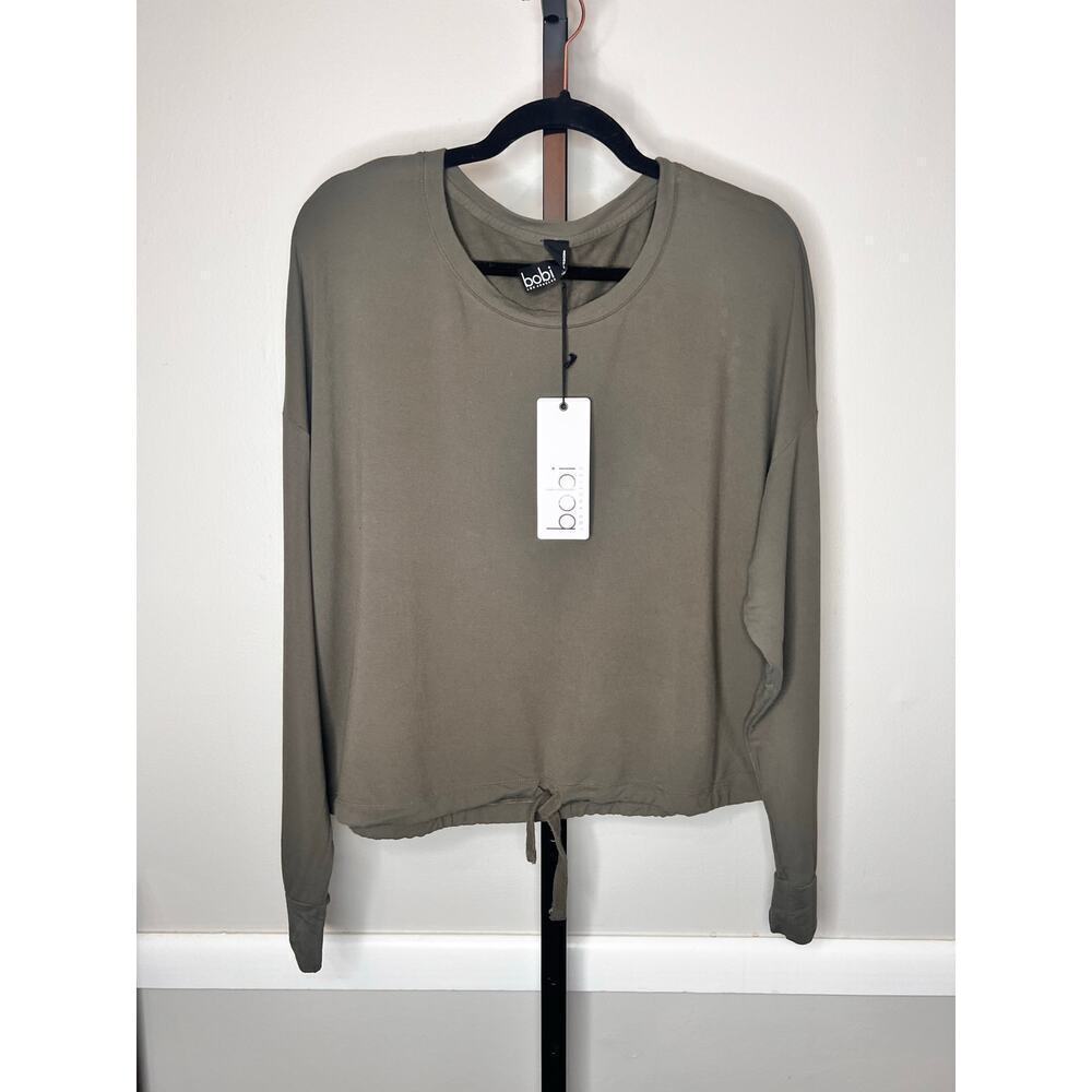Bobi Olive Green Drop Long Sleeve Tie Hem Crewneck Top Size Medium NWT